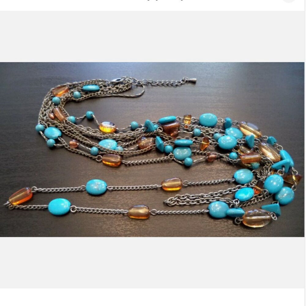 VINTAGE ESTATE AMBER GLASS & TURQUOISE BEADED 22" NECKLACE 1972